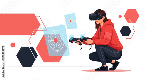 Immersive Virtual Reality Gaming Experience with Futuristic Targets and Modern Woman Player