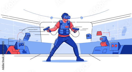 Immersive virtual reality gaming experience with futuristic robot enemies and equipped gamer