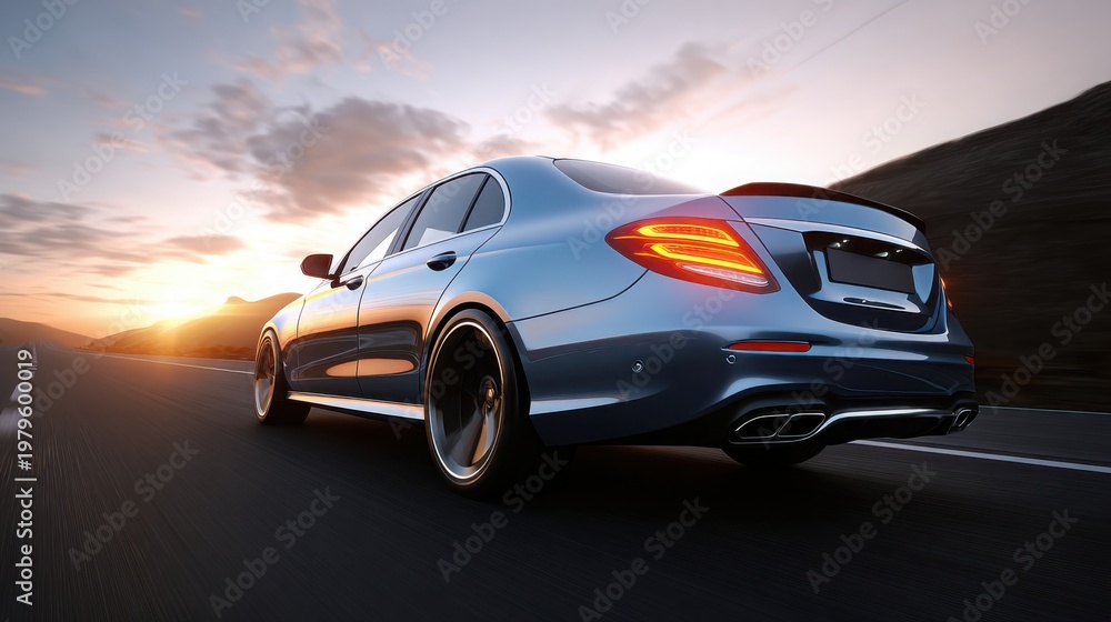 Naklejka premium car premium sedan speeding along scenic mountain highway at sunset, capturing motion, freedom, and high performance driving in dramatic landscape.