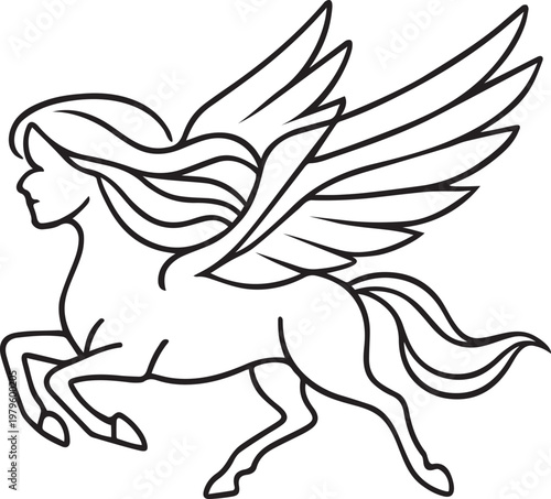 A simple black and white line art drawing of a majestic pegasus flying through the clear sky