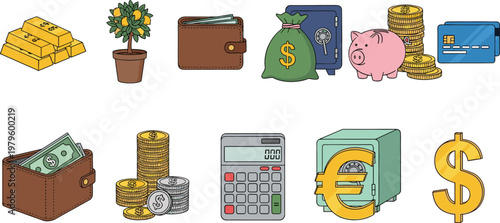 Finance and Wealth Management Icon Set Featuring Gold Bars, Wallet, Piggy Bank, Calculator, Currency Symbols and Savings Assets