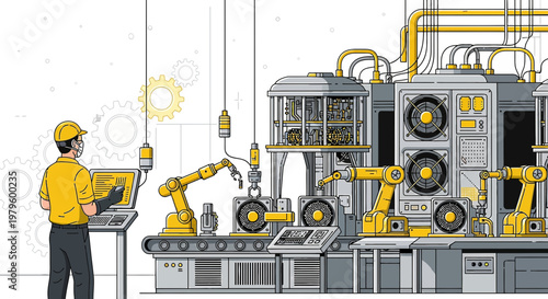Industrial Automation with Robotic Arms and Human Oversight in a Modern Factory Setting