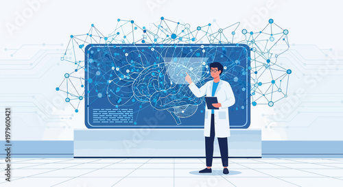 Innovation exploration: Scientist analyzing brain data on futuristic interface platform