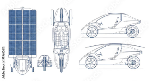 Solar Three Wheeler Blueprint Vector – Blue Outline Tuk Tuk Multiview Technical Drawing Eco Transport Vehicle Isolated Design