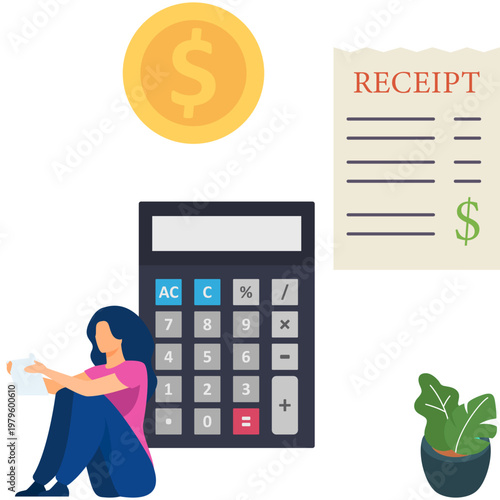 Female Handling Cash Receipt Billing and Financial Record Vector Illustration