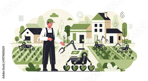 Innovative agricultural solutions: farmer and robots cultivating land for sustainable food