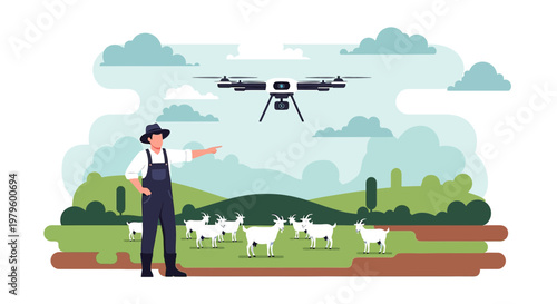 Innovative agricultural technology application, drone monitoring livestock with contemporary