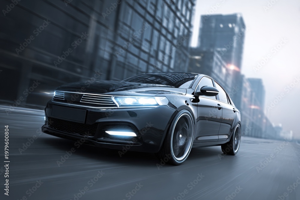 Fototapeta premium car premium sedan speeding along scenic mountain highway at sunset, capturing motion, freedom, and high performance driving in dramatic landscape.