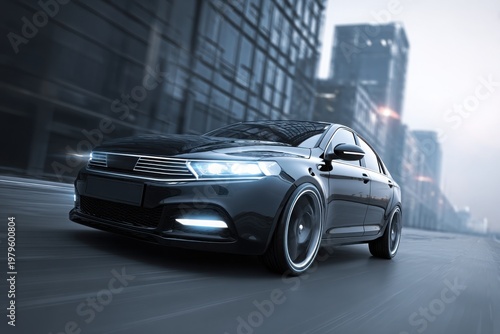 car premium sedan speeding along scenic mountain highway at sunset, capturing motion, freedom, and high performance driving in dramatic landscape.