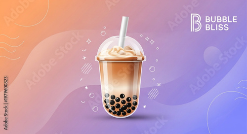 Creamy Bubble Tea Cup With Tapioca Pearls.