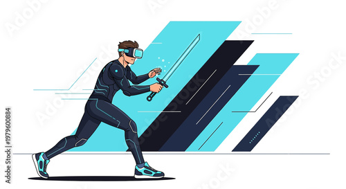 Immersive virtual reality combat experience featuring a futuristic avatar and sword fighting with