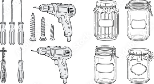 Hand Drawn DIY Tools and Glass Jar Outline Set Featuring Screwdrivers, Electric Drill, Screws, Mason Jars and Home Craft Storage Containers