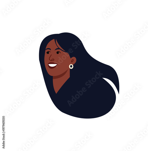 Portrait of a smiling woman with long dark hair and hoop earrings