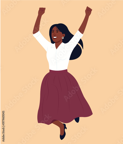 Happy woman jumping with arms raised in celebration, joyful professional woman in a white shirt and purple skirt