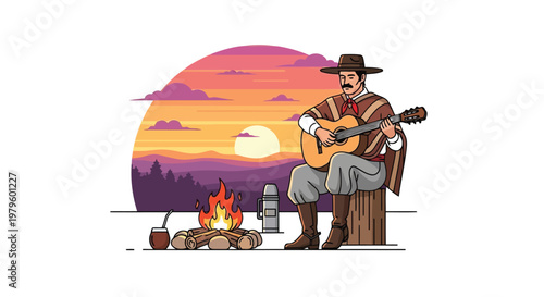Gaucho playing acoustic guitar by campfire during vibrant sunset isolated on white background