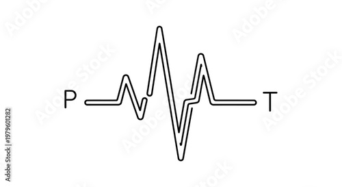 Electrocardiogram ECG Line Art with P and T Waves, Medical Heartbeat Symbol