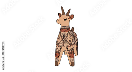 Traditional handcrafted ceramic deer figurine with intricate patterns isolated on white background