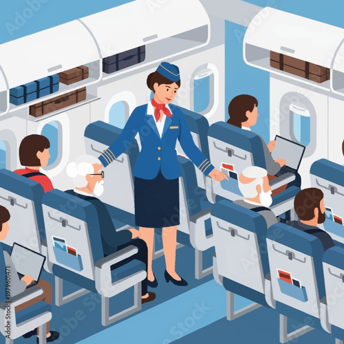 Flight attendant serving passengers on airplane.