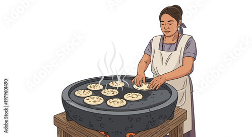 Woman cooking traditional corn tortillas on a clay comal over a fire isolated on white background