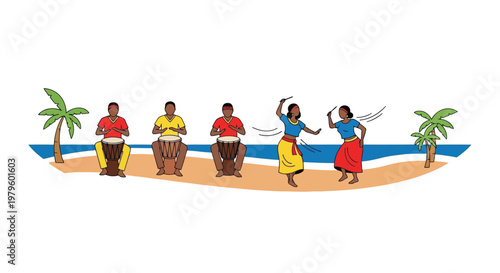 Group of people playing drums and dancing on a tropical sandy beach isolated on white background