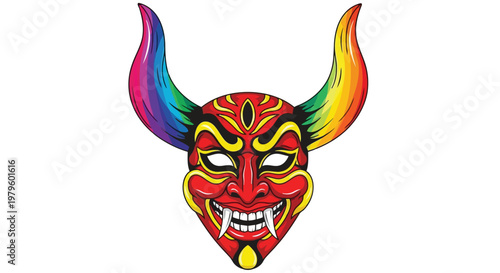 Colorful traditional devil mask with large horns for carnival celebration isolated on white background
