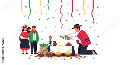 Peruvian family celebrating traditional ritual with food and beverage isolated on white background