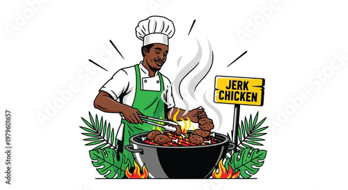 Professional chef grilling jerk chicken at outdoor barbecue station isolated on white background
