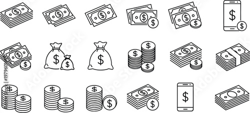 Money and Cash Outline Icon Set Featuring Banknotes, Coin Stacks, Money Bags, Mobile Payments and Savings Symbols