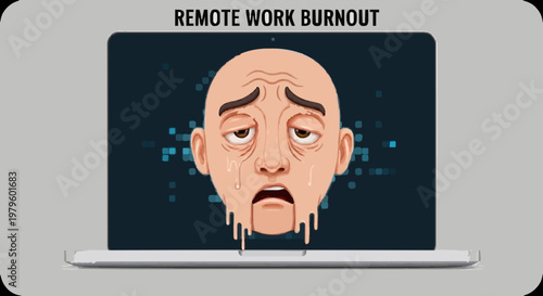 Digital illustration of a severely fatigued and melting face emerging from a laptop screen, symbolizing intense stress and burnout from prolonged remote work