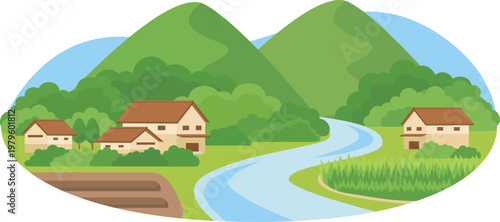 田舎の田園風景を抽象的に描いたシンプルなフラットデザインイラスト