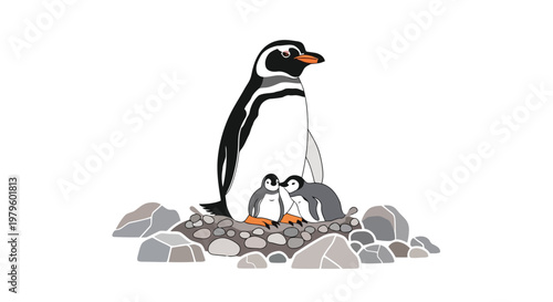 Cute penguin family standing on rocky shore in flat vector style isolated on white background