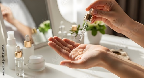 Hands of Woman Applying Liquid Serum or Essential Oil from Dropper