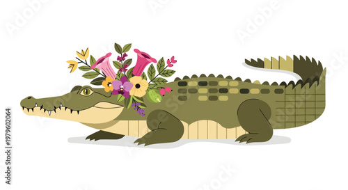 Green crocodile decorated with beautiful blooming tropical flowers isolated on white background