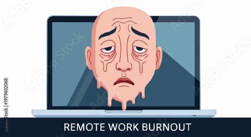 Digital illustration depicting the overwhelming stress and exhaustion of remote work, symbolized by a melting, fatigued face on a laptop display