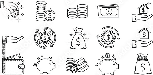 Savings and Money Management Outline Icon Set Featuring Piggy Banks, Cash Wallet, Coin Stacks, Money Bag and Financial Growth Symbols