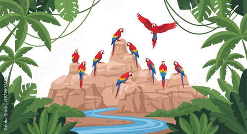 Group of vibrant scarlet macaws resting on rock in tropical rainforest isolated on white background