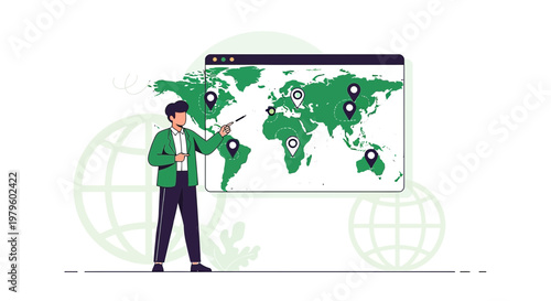 Illustrative presentation of global network expansion and worldwide locations showcased on a world
