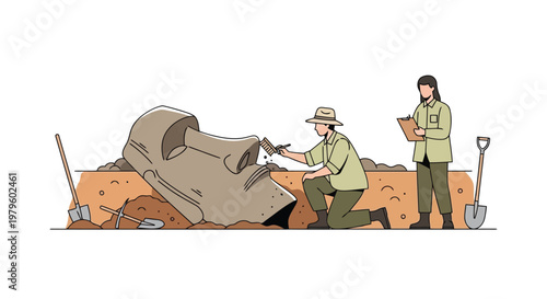 Archaeologists excavating large stone moai head from ground at site isolated on white background
