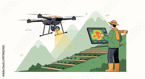Illustrative representation of a farmer using drone technology for precision agriculture in