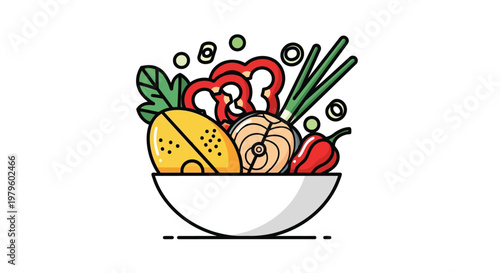 Healthy bowl of fresh fish and sliced vegetables in modern flat style isolated on white background