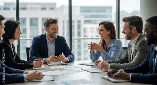 Diverse group of professionals collaborating in a modern office meeting room, discussing business strategies and ideas.