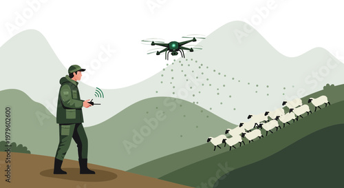 Illustrative scene showcasing modern sheep herding technology with a drone and shepherd figure