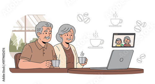 Illustrative senior couple video chatting with family over coffee enhancing virtual connection