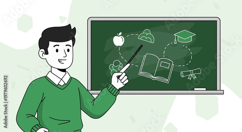 Illustrative teacher explaining knowledge concepts using a chalkboard for education promotion