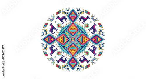 Colorful geometric mandala pattern featuring stylized llama animal icons isolated on white background