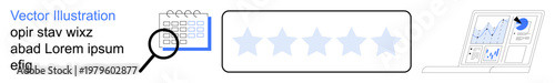 Business planning, analytics, customer feedback, data visualization, performance tracking, productivity. Calendar, magnifying glass star rating laptop with graphs. Business planning and analytics