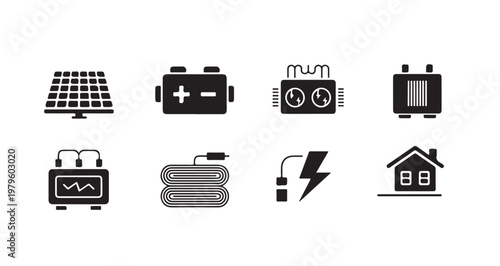 Electrical engineering components and battery storage silhouette icons for power systems.