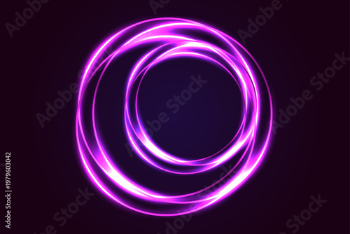 Vibrant purple light effect abstract circular swirls and glowing neon rings
