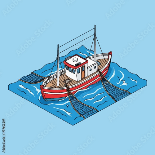Illustration of a red fishing boat.