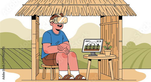 Immersive farming future: Man using VR to enhance agriculture in a rustic setting for sustainable